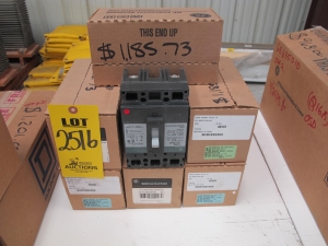 LOT (8) BREAKERS, CIRCUIT TYPE, THERMAL MAGNETIC KIND, 15 AMP RATING, 480 VAC, 2 POLE. E 150 LINE, TIME/CURRENT CURVE GES-6119D. VENDORIS AUTHORIZED MFR REPRESENTATIVE OR DOCUMENT MCCB IS DIRECTLY TRACEABLE TO MFR ACCEPTABLE DATE CODE, SEE PEP. PART # THED124015WL (W-44) LOADING & HANDLING FEE $5-